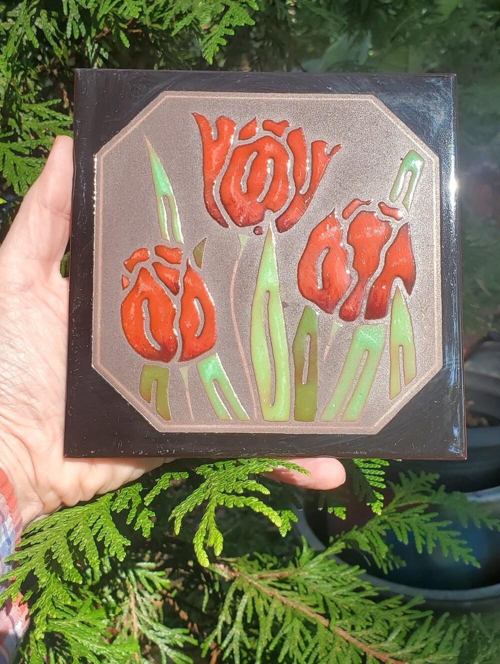 BESHEER Vintage Art Nouveau Tile Floral Wall Decor Hot Plate Trivet Hand Painted - Picture 7 of 7